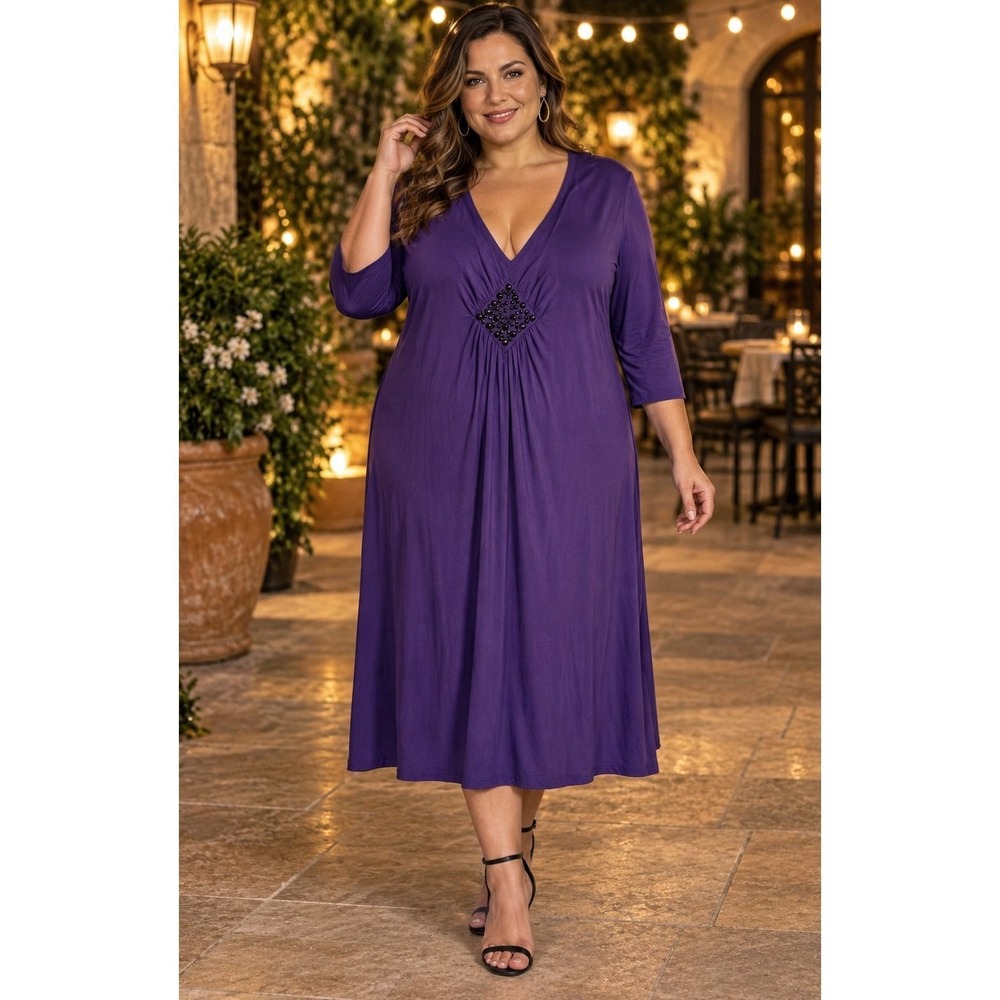 Ulla Popken Purple V-Neck Beaded Embellished Jersey Dress Plus Size 20/22